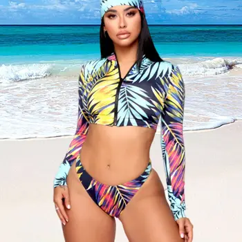 Moterų Paminkštinta Push Up Liemenėlė Bikini Komplektas Aukšto juosmens spausdinti zip trijų dalių maudymosi kostiumėlį Havajų maudymosi kostiumėlis Moterims