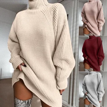 Moterų rudenį, žiemą šilta, golfo apykaklėmis megztiniai kelio ilgis ilgą megzti pagrindines drabužiai moteriški ir mergaičių kietas laisvi drabužiai