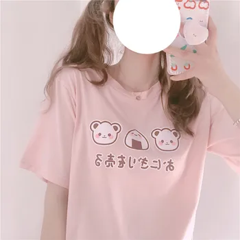 Moterų trumpomis rankovėmis T-shirt Mažų Šviežių Merginos Prarasti Studentų Japonų Harajuku Cute Little Bear Minkštas sesuo Medvilnės Megztinis Viršūnės