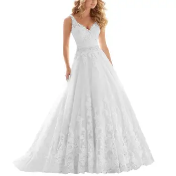 Moterų V-kaklo, rankovių vestuvių suknelė plius dydis linija nuotakos suknelė su traukiniu princesė vestuvių suknelė US2-US26W užsakymą