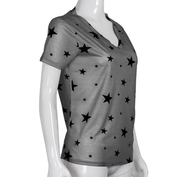 Moterų Vasaros Mados V-Kaklo, Skaitmeninio Spausdinimo Star trumpomis Rankovėmis T-Shirt Viršuje Pilkos spalvos L Dydžio