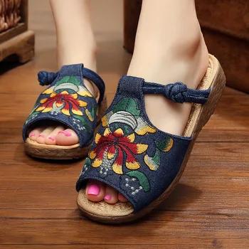 Moterų Šlepetės Flip Flop Sandalai Vasarą Nacionalinės Stiliaus Siuvinėti Kanapių Pleištai Mados Neslidus Peep Toe Platforma, Patogus