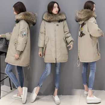 Nauja, Moterų Ilgas Medvilnės Striukė Žiemos 2020 Korėjos Storas Didelis Kailių Apykaklės Išsiuvinėti, Duonos, Drabužių Medvilnės Kailis Outwear Moteris