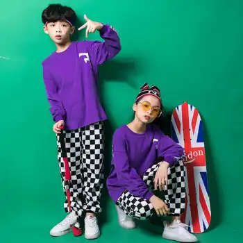 Nauja Vaikų Džiazo Šokio Kostiumai Vaikams Modernus Šokis Hip-hopo Gobtuvu Long Sleeve Purple marškinėliai Square Pants 110-180 cm aukštis