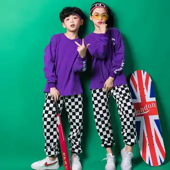 Nauja Vaikų Džiazo Šokio Kostiumai Vaikams Modernus Šokis Hip-hopo Gobtuvu Long Sleeve Purple marškinėliai Square Pants 110-180 cm aukštis