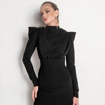 Naujas atvykimo žiemos suknelės 2020 m. moteris long sleeve ruched midi bodycon seksualus backless juoda dizainerio suknelės kilimo ir tūpimo tako kokteilis