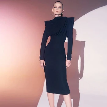 Naujas atvykimo žiemos suknelės 2020 m. moteris long sleeve ruched midi bodycon seksualus backless juoda dizainerio suknelės kilimo ir tūpimo tako kokteilis