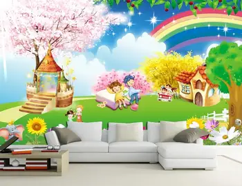 Naujas Custom 3D Didelės Freskos Tapetai Pradinį animacinių filmų fantazijos srities pilis vaivorykštės vaikų kambarys, TV Foną gyvenimo Miegamasis