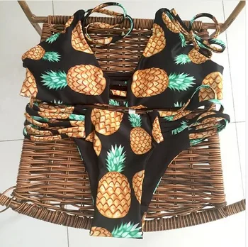 Naujas Grįžtamasis Bikini Spausdinti Maudymosi Kostiumėliai Plaukti Kostiumas Maillot De Bain Bikini Moterims Ananasų Spausdinti Bikini Komplektas Brazilijos