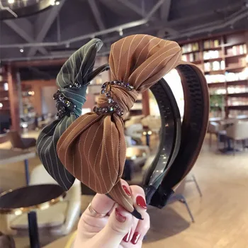 Naujas korėjos Dryžuoto Audinio Grotelės Hairbands Apdaila kalnų krištolas Triušio Ausis Lankas Lankelis Moterų, Mergaičių Boutique Plaukų Aksesuarai