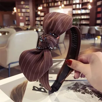 Naujas korėjos Dryžuoto Audinio Grotelės Hairbands Apdaila kalnų krištolas Triušio Ausis Lankas Lankelis Moterų, Mergaičių Boutique Plaukų Aksesuarai