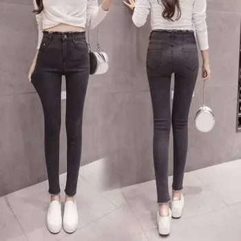 Naujas korėjos stiliaus paaukštintu liemeniu slim-slim fit priglundantys džinsai moteriška studentų raw kraštai ir visas rungtynes pieštuku kelnės su mažomis kojomis