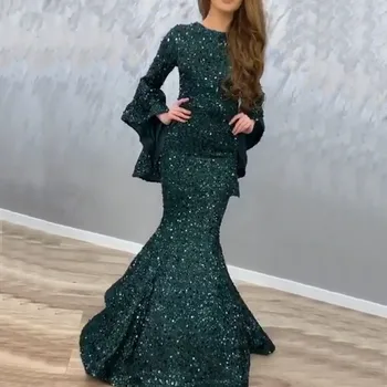 Naujausios Konstrukcijos Žalia Undinė Prabanga vakarinę Suknelę 2020 M. Dubajaus Blizgučiais ilgomis Rankovėmis Sparkle Oficialią Šalies Suknelė LE40734