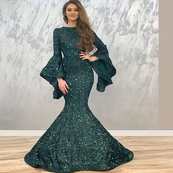 Naujausios Konstrukcijos Žalia Undinė Prabanga vakarinę Suknelę 2020 M. Dubajaus Blizgučiais ilgomis Rankovėmis Sparkle Oficialią Šalies Suknelė LE40734