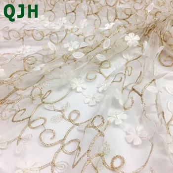 Naujausią golden&white 3D nėrinių audinys, Tiulis Ju audiniu gražių gėlių, išsiuvinėti Afrikos nėrinių apdaila lady šalis suknelė 450*130cm