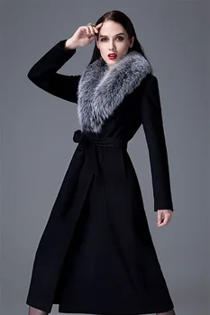 Nekilnojamojo klasės fox didelis vilnos apykaklės ilgai vilnos kailis Europos ir Amerikos stiliaus slim fit didelio sutirštės vilnoniai paltai moteris