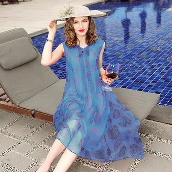Nekilnojamojo Šilko Suknelė Moterims Vasaros Paplūdimio Suknelė be Rankovių Boho Derliaus Šalis Suknelės Gėlių Atsitiktinis Vestidos 2019 LWL1830