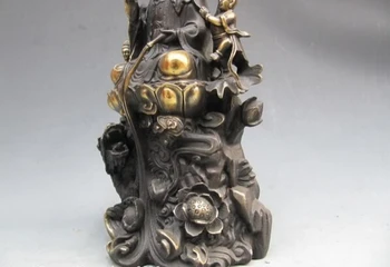 Nemokamas Pristatymas 40cm Kinijos rafinuotas Bronzos Bodhisatvos Guan Yin dosnumas Berniukas ant Dragon Lotoso Gėlė