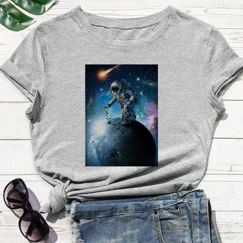 Nimation Naujas Moterų marškinėliai Atsitiktinis Retro Spalvotų Marškinėliai Astronautas Pasodintas Geltonų Gėlių Ant Planetos Grafinis Marškinėliai