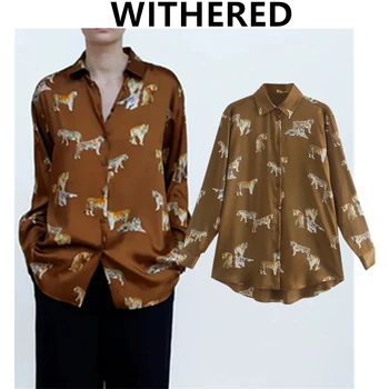 Nudžiūvo rudenį palaidinė moterims anglijoje high street gyvūnų tigras spausdinti šilko blizgesį prarasti blusas mujer de moda 2020 atsitiktinis marškinėliai, topai
