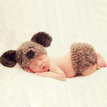 Nėrimo Kūdikių Komplektus už Nuotrauką Šaudyti Kawaii Baby Dog Stiliaus Skrybėlę Kelnes Nustatyti Naujagimio Fotografijos Reikmenys Berniuko Foto Rekvizitai