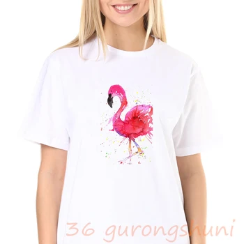 O kaklas Baltas Viršūnes Moterų Drabužių trumpomis Rankovėmis T-shirt Vasaros marškinėliai Moterims Harajuku Spausdinimo Flamingo Atsitiktinis Mados Marškinėlius