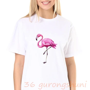 O kaklas Baltas Viršūnes Moterų Drabužių trumpomis Rankovėmis T-shirt Vasaros marškinėliai Moterims Harajuku Spausdinimo Flamingo Atsitiktinis Mados Marškinėlius