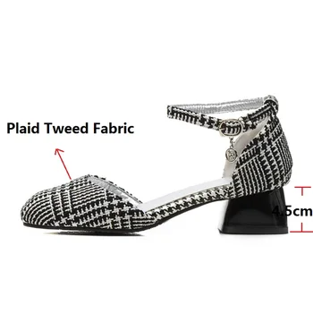 Ochanmeb 2021 prašmatnus houndstooth pledas tvido dizainerio batai moterims mažai kulniukai čiurnos dirželis dviejų dalių stiliaus prekės ženklo siurbliai didelio dydžio 48