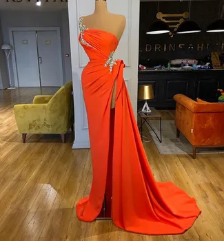 Oranžinė Ilgai Undinė Vakaro Suknelės 2021 Naują Atvykimo Vieną Petį Seksualus Aukštos Ritininės Zawalcowany Dubajaus Moterų Oficialų Prom Chalatai