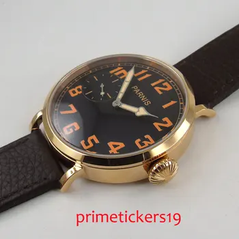 Oranžinė ženklų 46mm PARNIS black dial odinis dirželis aukso atveju 6497 vertus likvidavimo vyrų laikrodis PA405