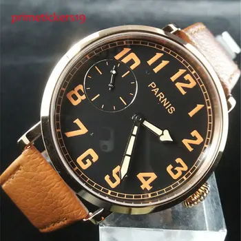 Oranžinė ženklų 46mm PARNIS black dial odinis dirželis aukso atveju 6497 vertus likvidavimo vyrų laikrodis PA405