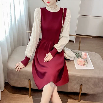Padaryti, kad prancūziška raudona ilgomis rankovėmis megzti suknelę yra naujo dizaino jausmas, mažas juosmens rodo, plonas moteris