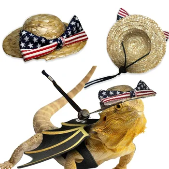 Pet Šiaudų Skrybėlę Driežas Bowknot Skrybėlę su Reguliuojamu Kaklo Dirželiu mažųjų augintiniai, pavyzdžiui, driežas ar barzdotas drakonas