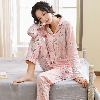 Pižamos Moterims, Pavasarį, Rudenį Naujų Grynos Medvilnės Atvartas Megztinis Pižama Moterų Spausdinti Pijama Moterų Pyjama Namų Drabužių Naktį kostiumas