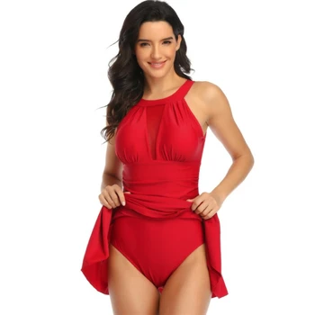 Plius dydis Moterų vientisi maudymosi kostiumėlį, raudona plaukimo suknelė seksualus akių maudymosi kostiumas su sijonu kamšalu maudymosi kostiumėliai, dropshipping S-XXL