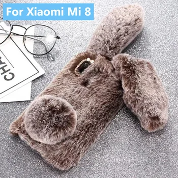 Pliušinis Kiškis Atveju Xiaomi Mi 8 Mi8 M8 Minkštos Kailio Mielas 3D Triušio Ausis TPU Diamond Telefonas Padengti