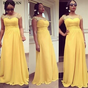 Plus Size Bridesmaid Dresses 2019 Geltono Šifono Appliques Vien Samtelis Kaklo Apribota Rankovėmis Vestuves Chalatai Black Girl