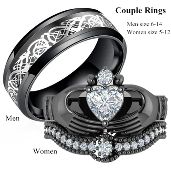 Pora Žiedus - Vyrams Drakono Žiedas ir Moterų Juodas Žiedas Širdies Supjaustyti Nuotakos Vestuvių Žiedas Rinkinys