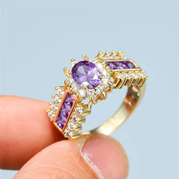 Prabanga Moterų Purpurinis Ovalo Formos Kristalų Papuošalai Žavesio Aukso Spalvos Vestuviniai Žiedai Moterims, Madingų Geometrinis Gėlės Vestuvinis Žiedas