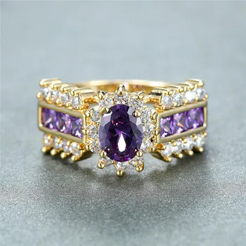 Prabanga Moterų Purpurinis Ovalo Formos Kristalų Papuošalai Žavesio Aukso Spalvos Vestuviniai Žiedai Moterims, Madingų Geometrinis Gėlės Vestuvinis Žiedas