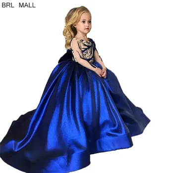 Princesė 2020 Royal Mėlyna Satino Glitz Gėlių mergaičių Suknelės maži Vaikai Vestuvių suknelės Oficialią Šalies merginos inscenizacija suknelės