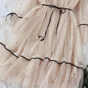 Princesė Dress Moterų Elegantiškas Chrismas Akių Sluoksniuotos suknelės Moterims Prom Star Blizga Blizgučiai Gazas Suknelės Blyksnius Sleeve Lace-up