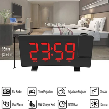 Projection Clock Radio Didelį Vaizdą LED Ekranas, Elektroninis Laikrodis Dual Lenktas Žadintuvas
