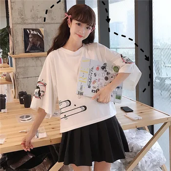 Pusė rankovės atkarpoje 2020 m. vasarą nauju moterų mažų šviežių spausdinti apvalios kaklo marškinėliai moteriška Harajuku stilius laisvas viršų