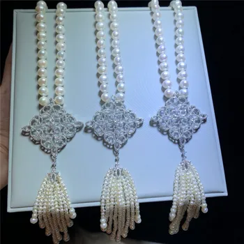 Rankomis rišti 75-80cm ilgio gamtos 9-10mm baltas apvalių gėlavandenių perlų micro apdaila cirkonis aksesuarų, bižuterijos karoliai