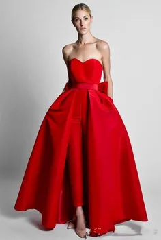 Raudona Jumpsuits Oficialią Vakaro Suknelės, Su Nuimamu Sijonu Brangioji Prom Dresses Šalies Dėvėti Kelnes Moterims Užsakymą