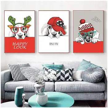 Raudona Kalėdų Gyvūnų Šunų Sienos Meno Tapybos Moden Namų Dekoras Drobė Spausdinti Plakato ir Nuotraukos Kambarį Apdaila