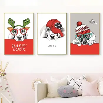 Raudona Kalėdų Gyvūnų Šunų Sienos Meno Tapybos Moden Namų Dekoras Drobė Spausdinti Plakato ir Nuotraukos Kambarį Apdaila