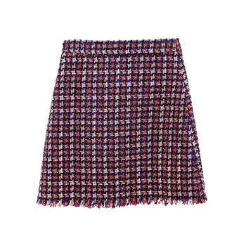 Raudona patikrinti, tvido sijonas 2020 m. pavasario / rudens moterų sijonai ponios storio kutais maišelį hip-line sijonas