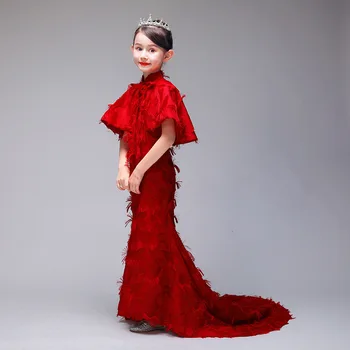 Raudona Undinėlės Gale Cheongsam Suknelė Ilga Seksuali Rytų Stiliaus Qipao Vaikai Rankovių Kutas Vaikų Šalis Suknelės Promenadzie Suknelė